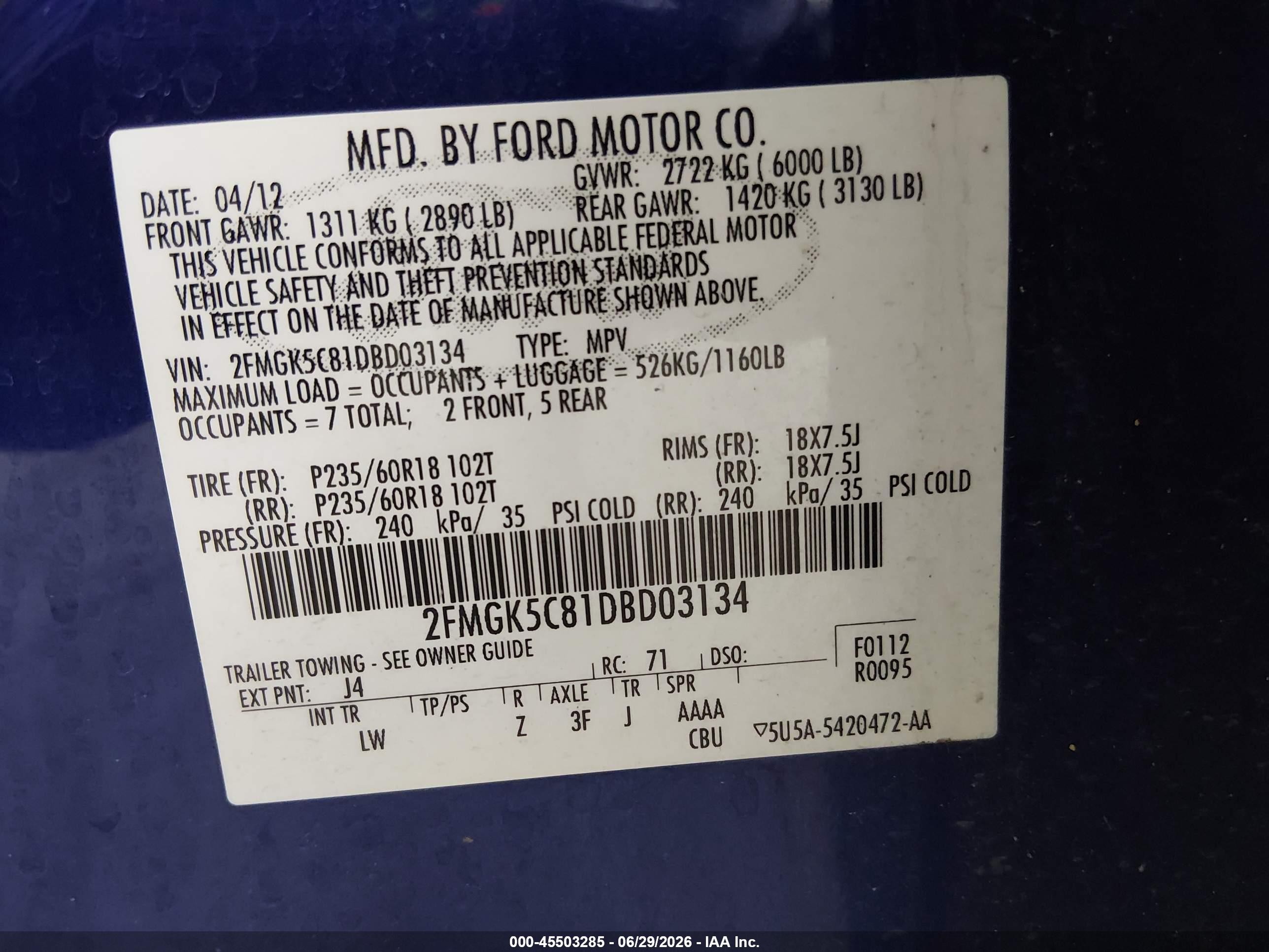 2013 Ford Flex Sel Blue vin: 2FMGK5C81DBD03134