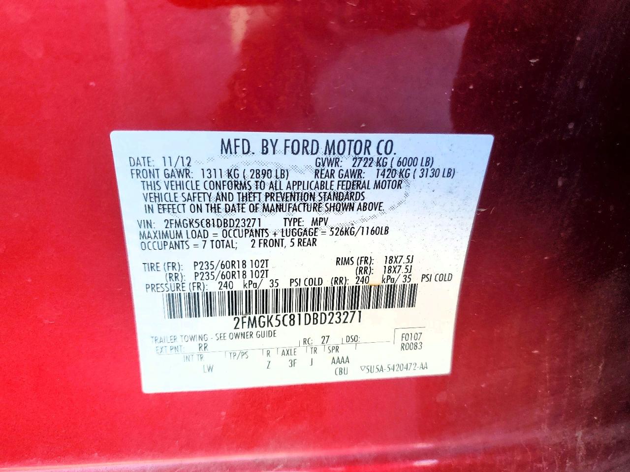 2013 Ford Flex Sel Red vin: 2FMGK5C81DBD23271