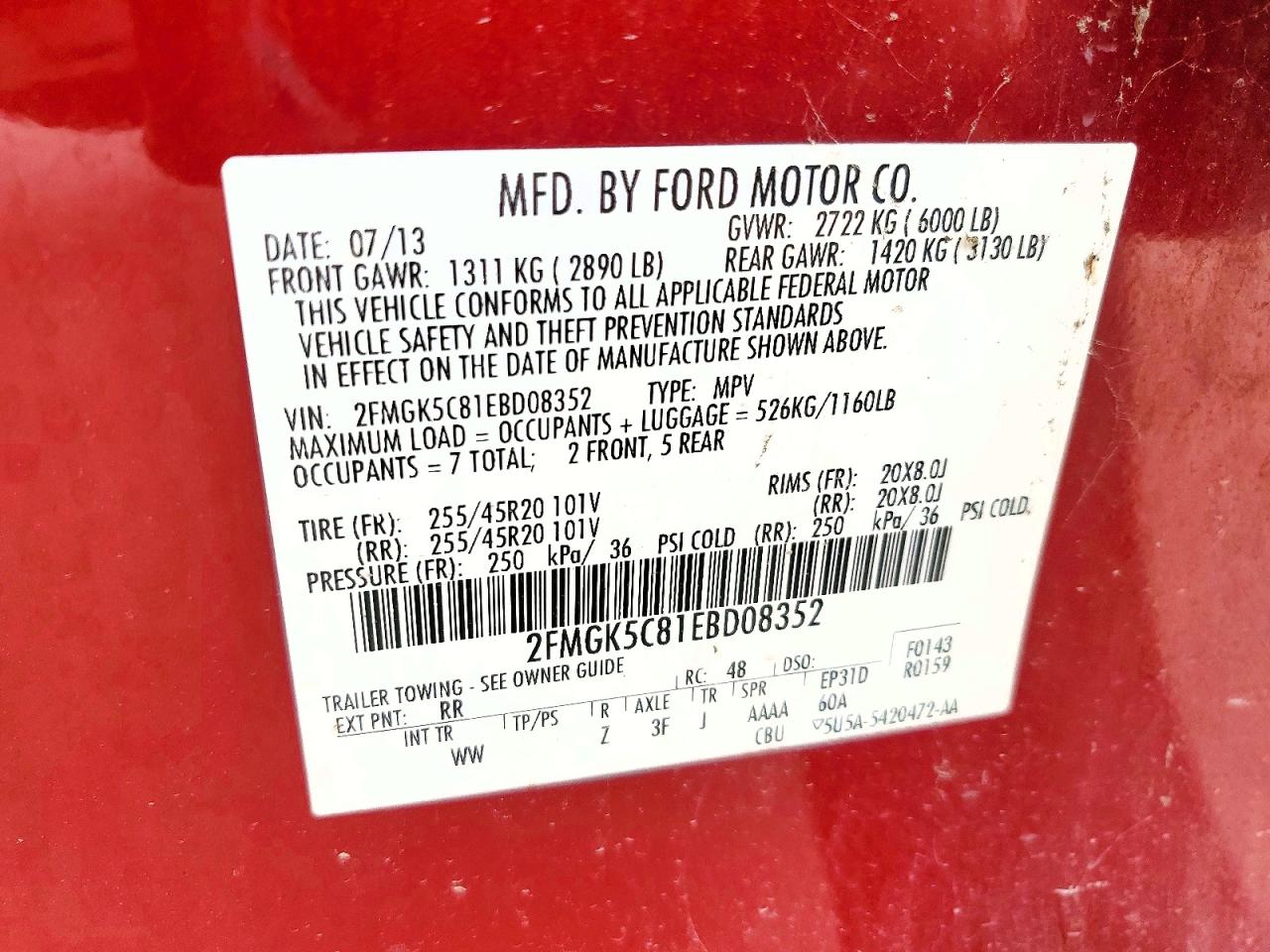 2014 Ford Flex Sel Красный vin: 2FMGK5C81EBD08352