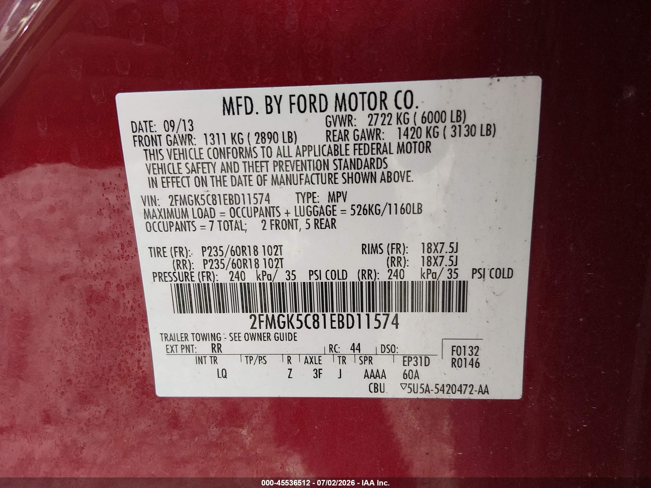 2014 Ford Flex Sel Red vin: 2FMGK5C81EBD11574