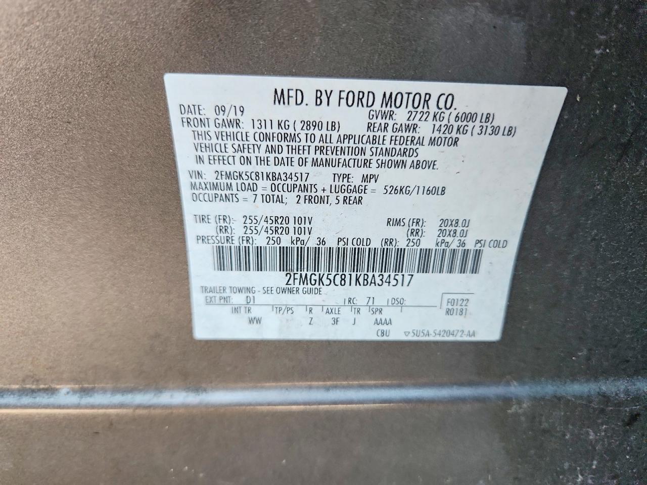 2019 Ford Flex Sel Charcoal vin: 2FMGK5C81KBA34517