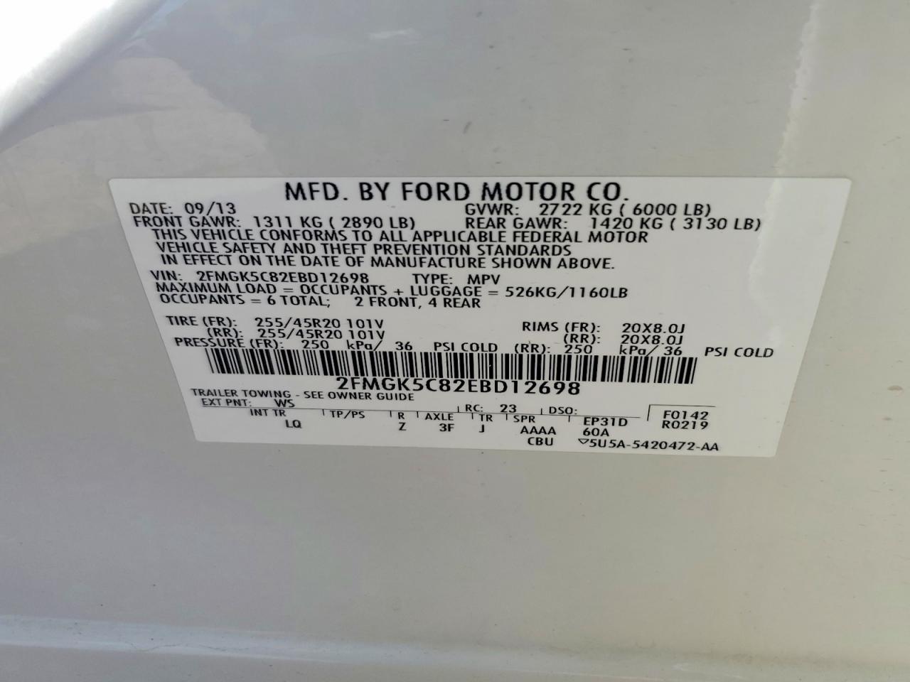 2014 Ford Flex Sel White vin: 2FMGK5C82EBD12698