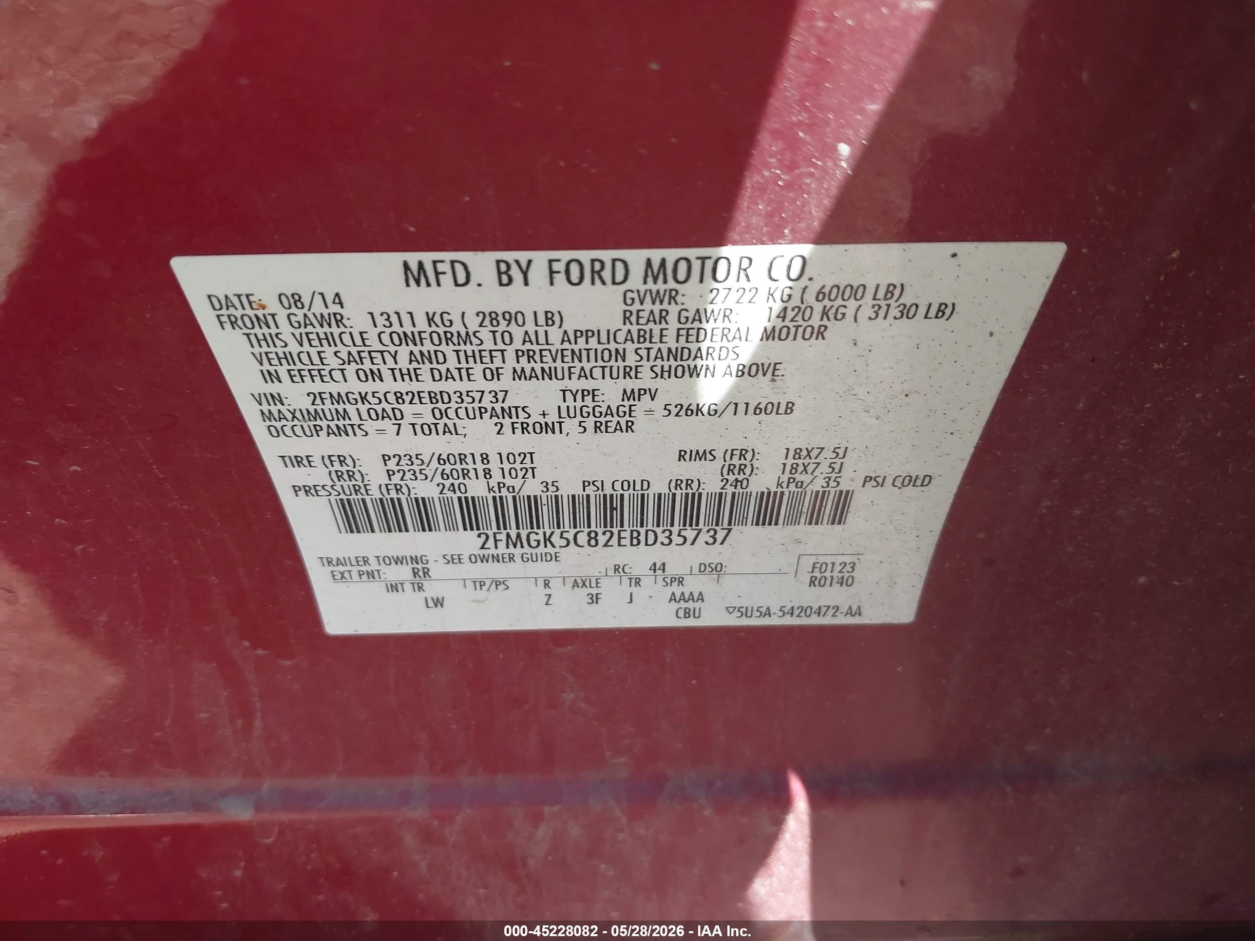 2014 Ford Flex Sel Red vin: 2FMGK5C82EBD35737
