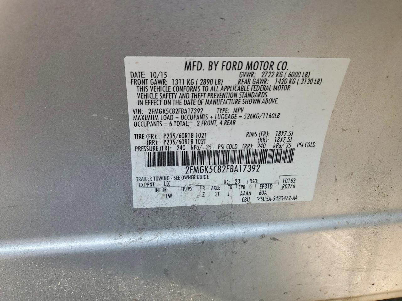 2015 Ford Flex Sel Silver vin: 2FMGK5C82FBA17392