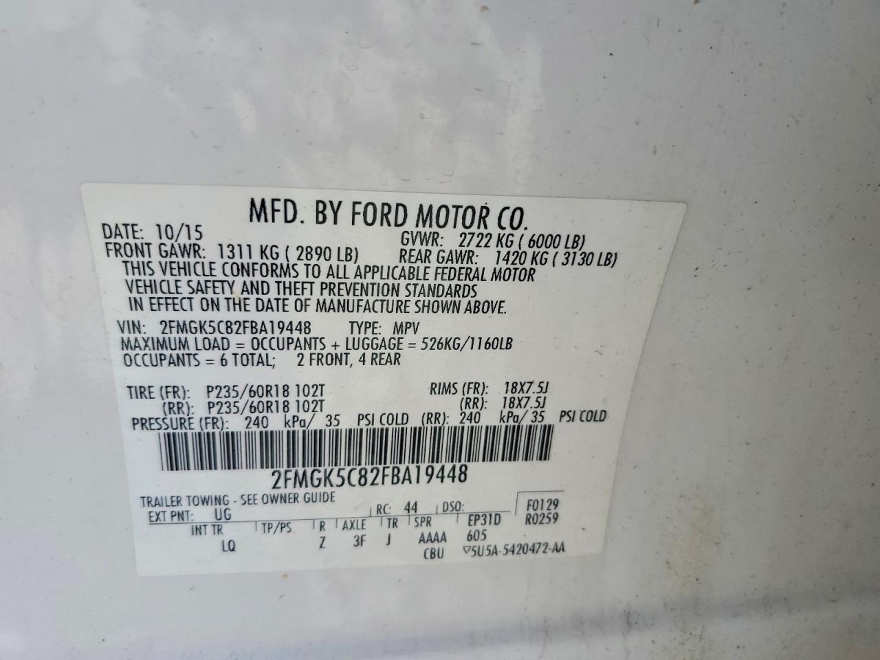 2015 Ford Flex Sel White vin: 2FMGK5C82FBA19448