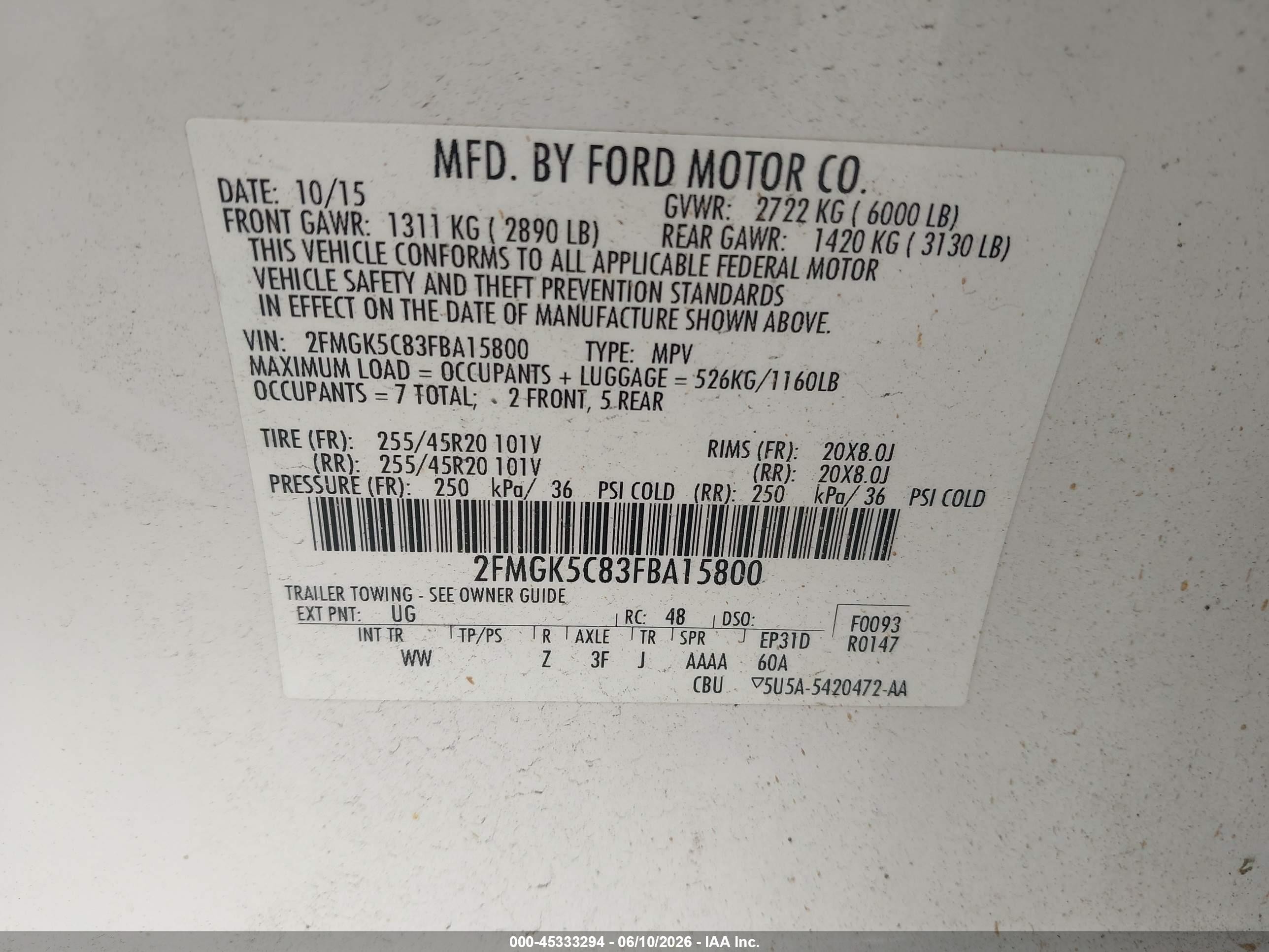 2015 Ford Flex Sel White vin: 2FMGK5C83FBA15800