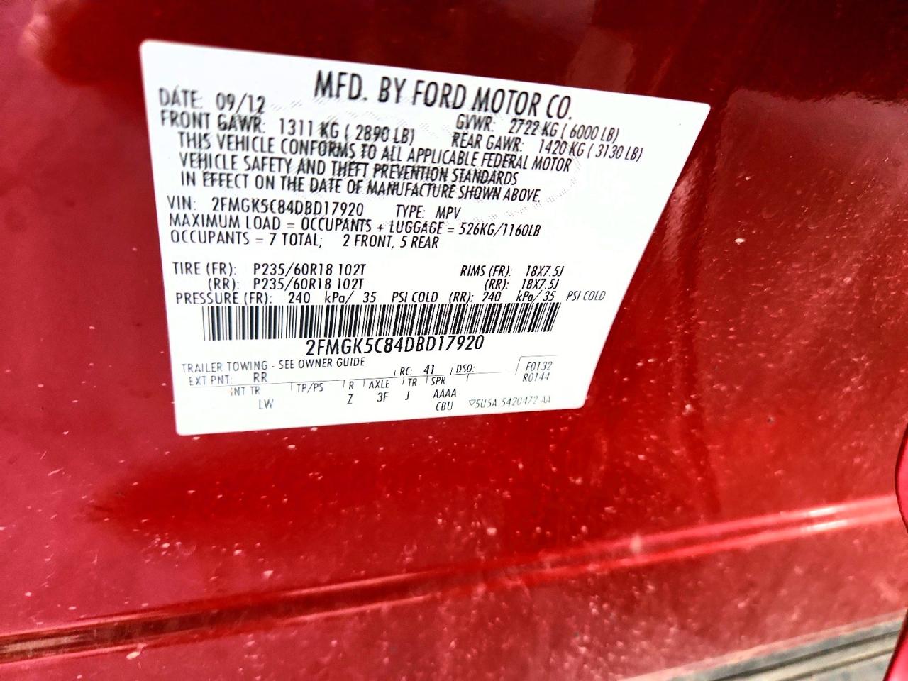 2013 Ford Flex Sel Red vin: 2FMGK5C84DBD17920