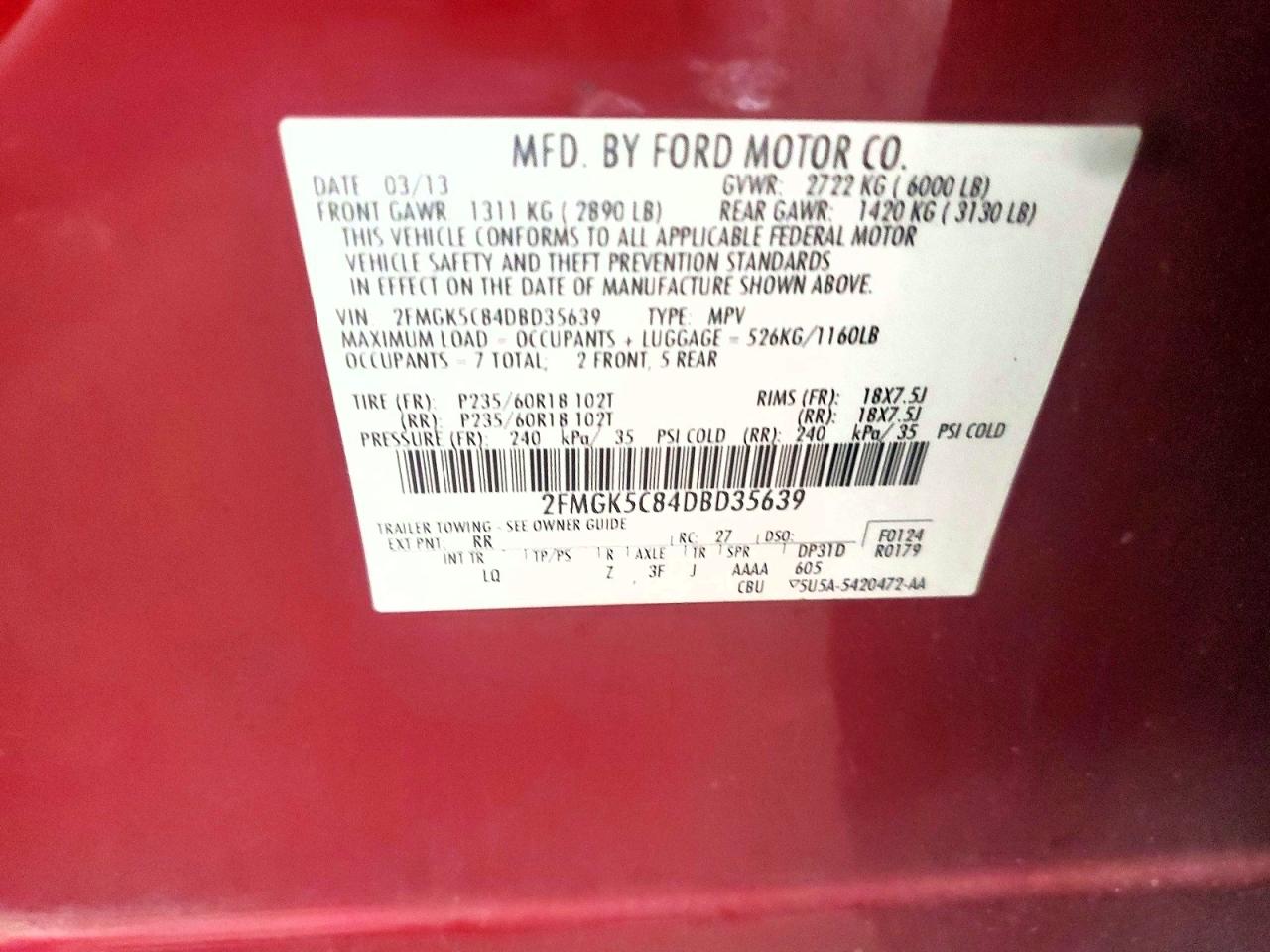 2013 Ford Flex Sel Red vin: 2FMGK5C84DBD35639
