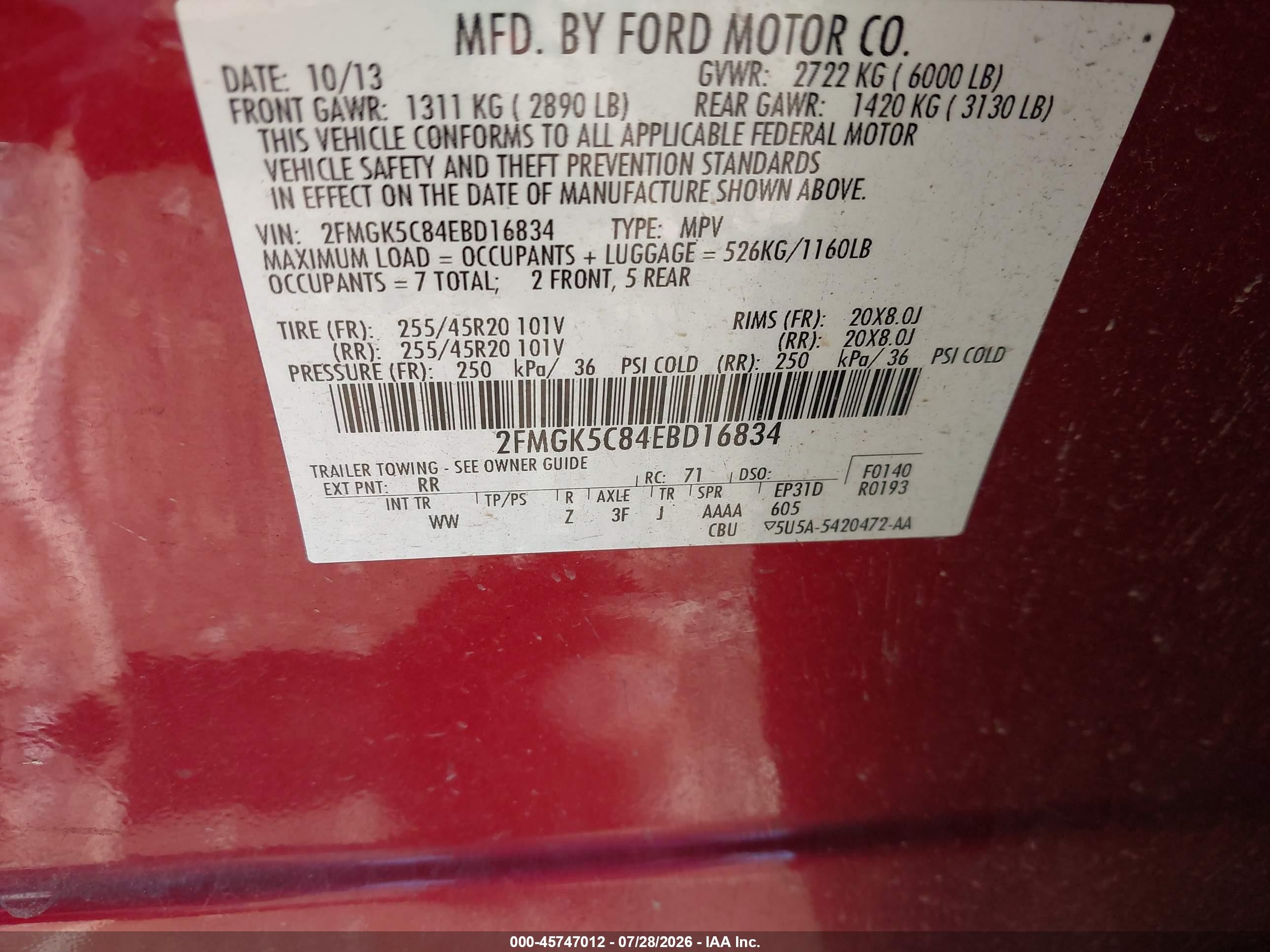2014 Ford Flex Sel Red vin: 2FMGK5C84EBD16834
