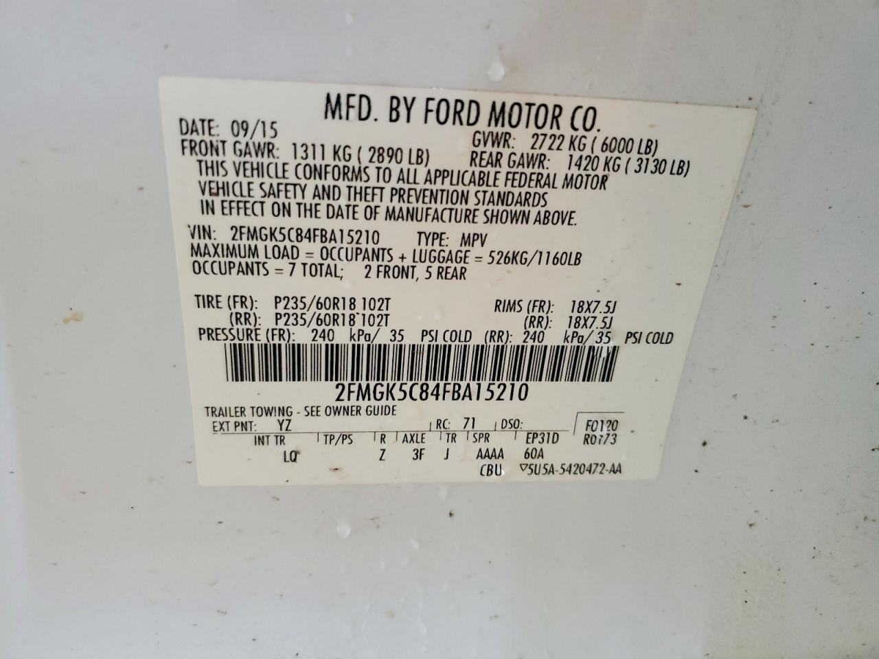 2015 Ford Flex Sel Белый vin: 2FMGK5C84FBA15210
