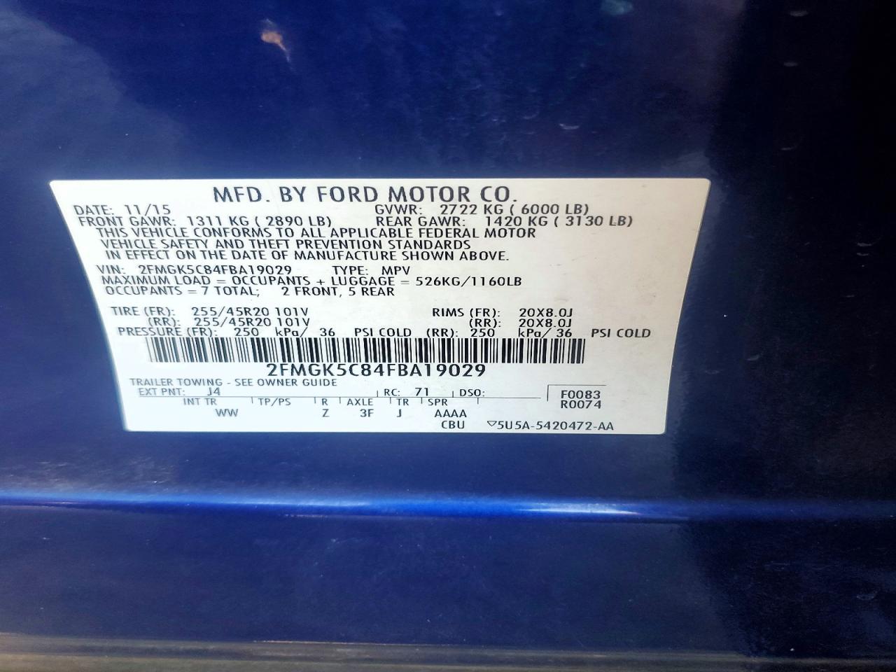 2015 Ford Flex Sel Blue vin: 2FMGK5C84FBA19029