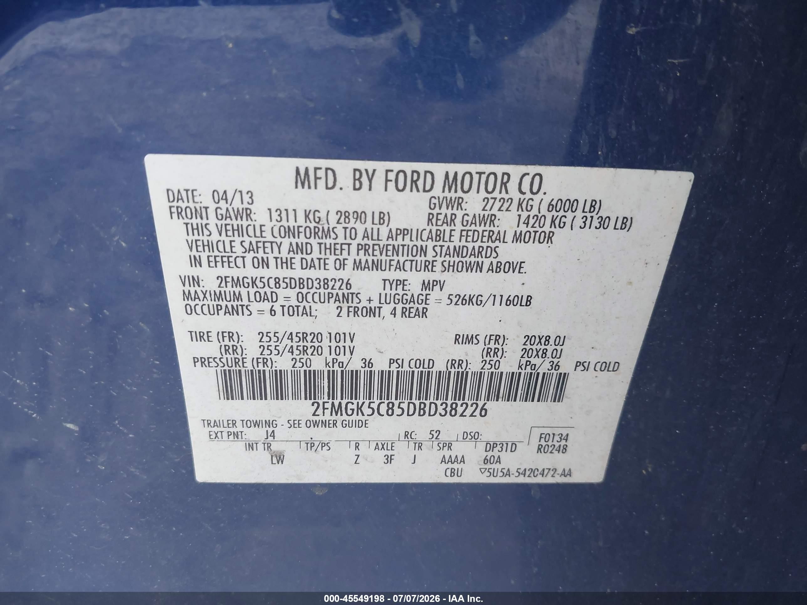 2013 Ford Flex Sel Blue vin: 2FMGK5C85DBD38226