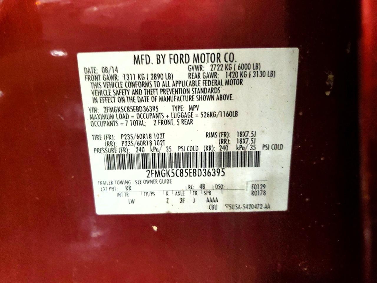 2014 Ford Flex Sel Burgundy vin: 2FMGK5C85EBD36395