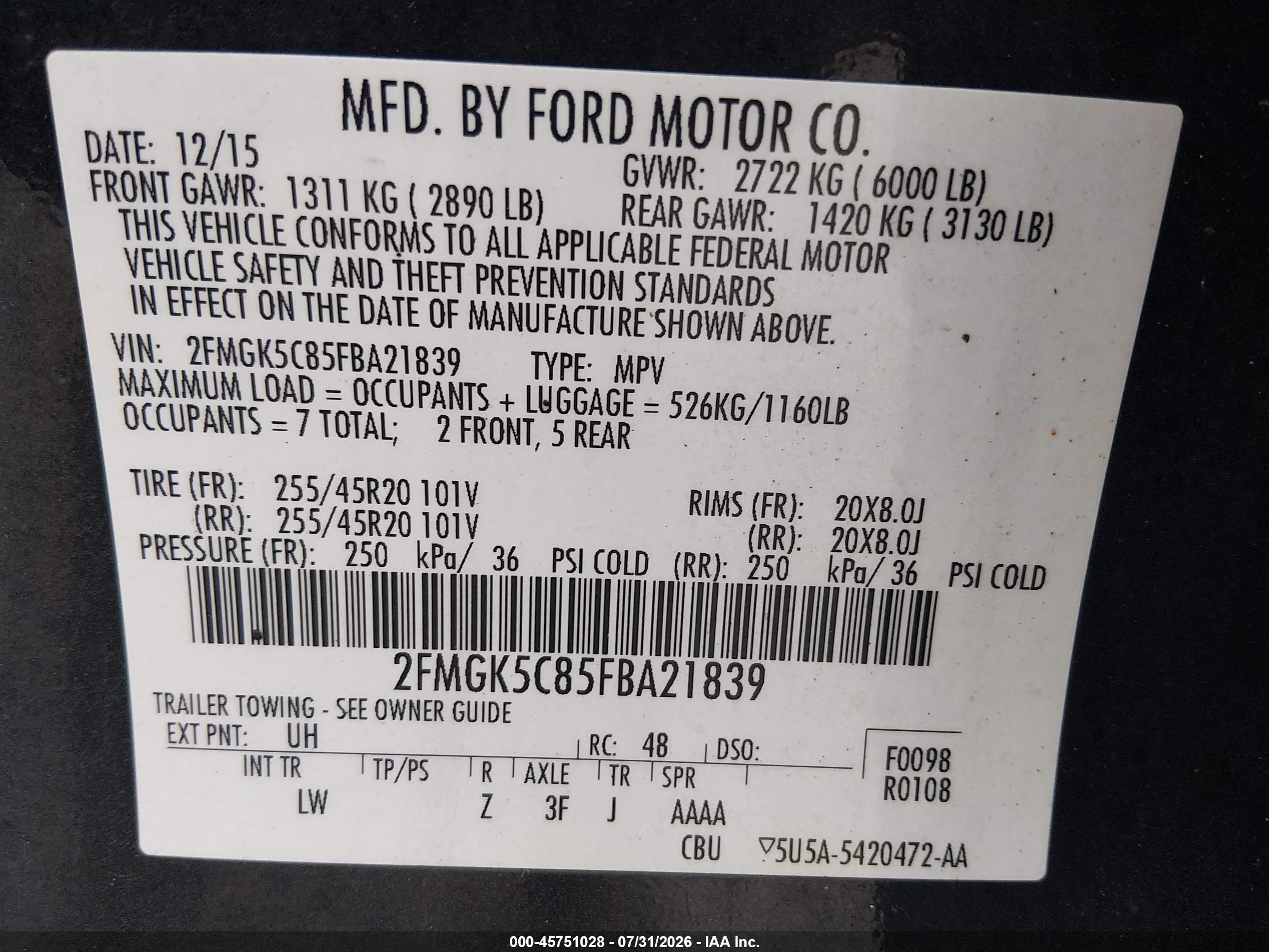 2015 Ford Flex Sel Black vin: 2FMGK5C85FBA21839