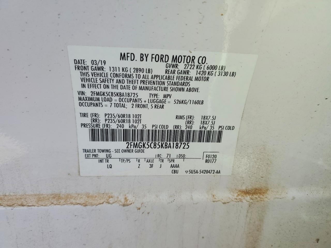 2019 Ford Flex Sel White vin: 2FMGK5C85KBA18725