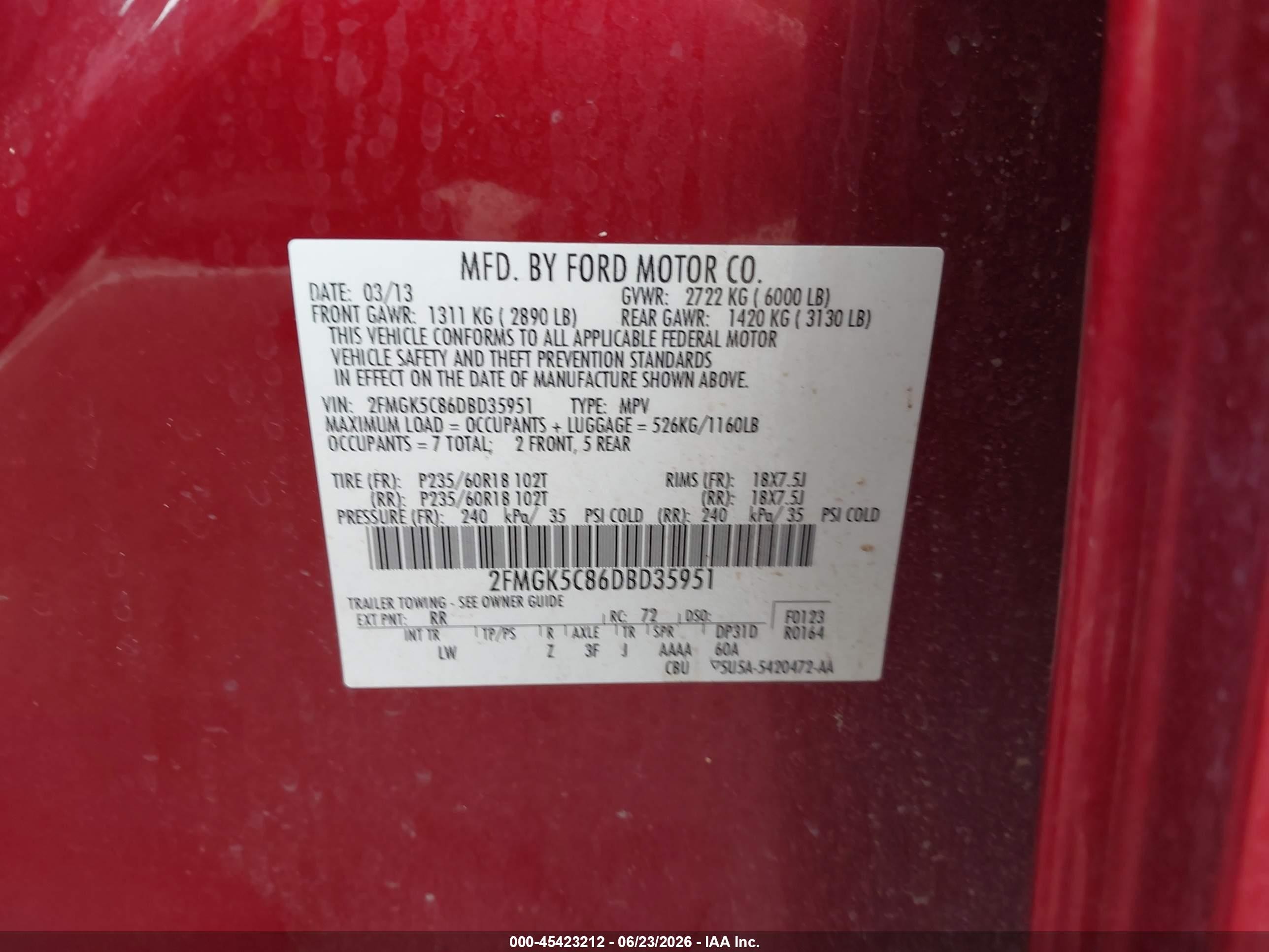 2013 Ford Flex Sel Red vin: 2FMGK5C86DBD35951