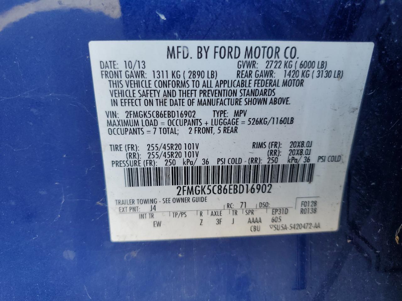 2014 Ford Flex Sel Blue vin: 2FMGK5C86EBD16902
