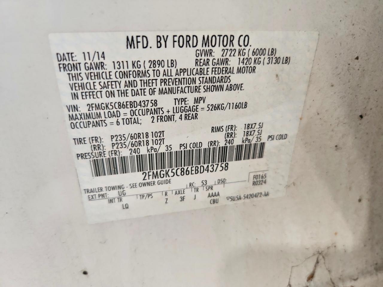 2014 Ford Flex Sel White vin: 2FMGK5C86EBD43758