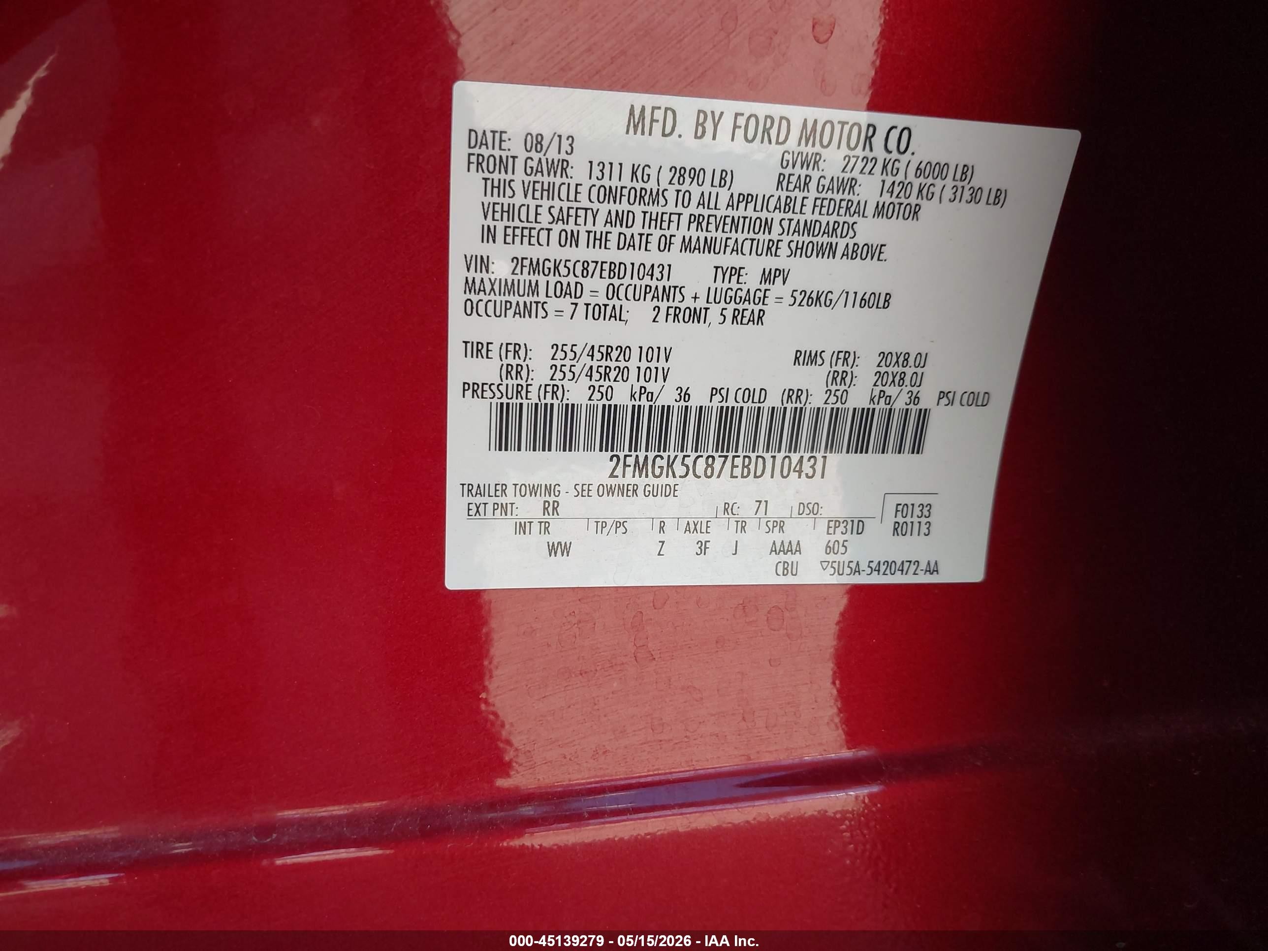 2014 Ford Flex Sel Red vin: 2FMGK5C87EBD10431