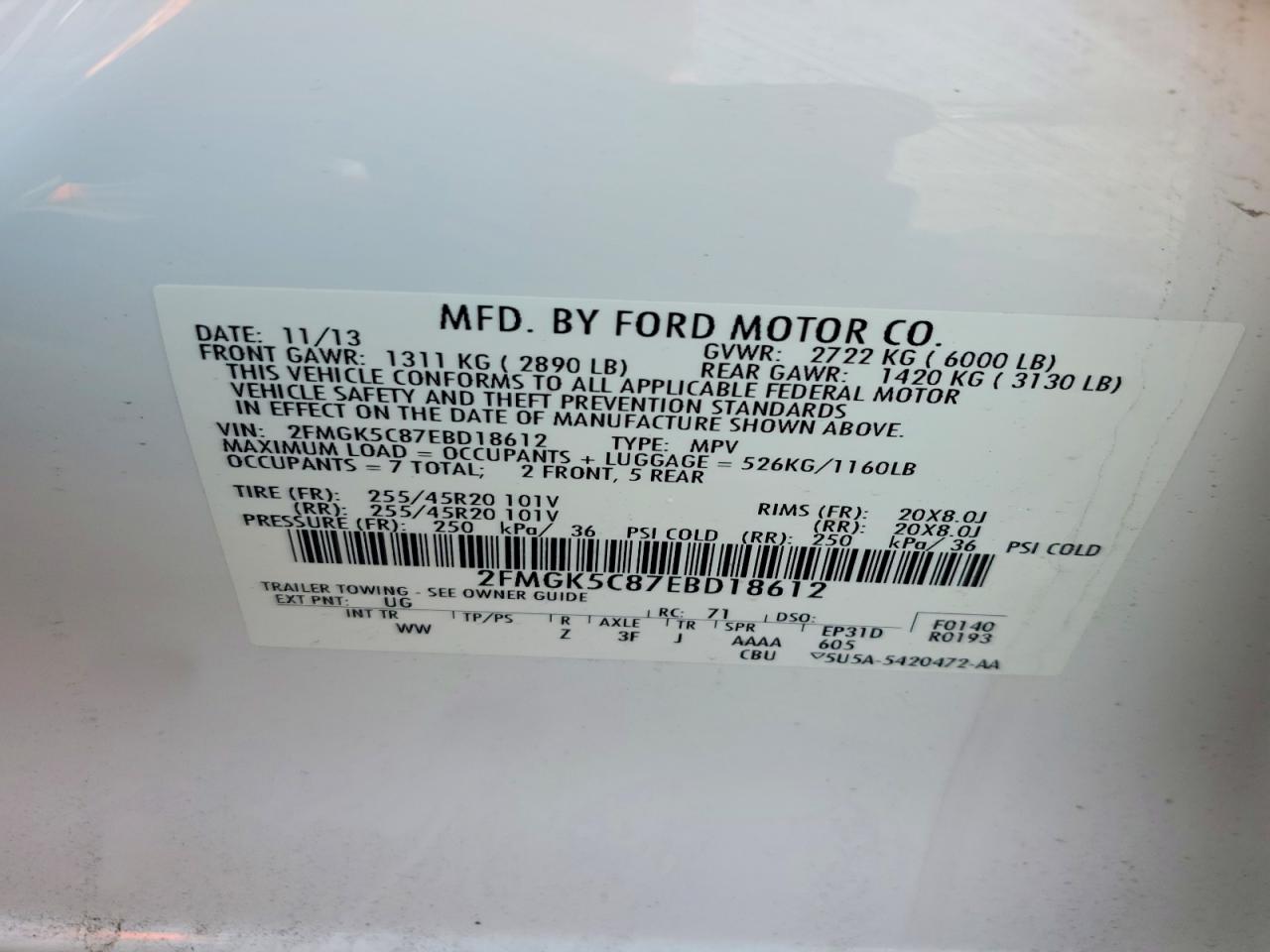 2014 Ford Flex Sel Белый vin: 2FMGK5C87EBD18612