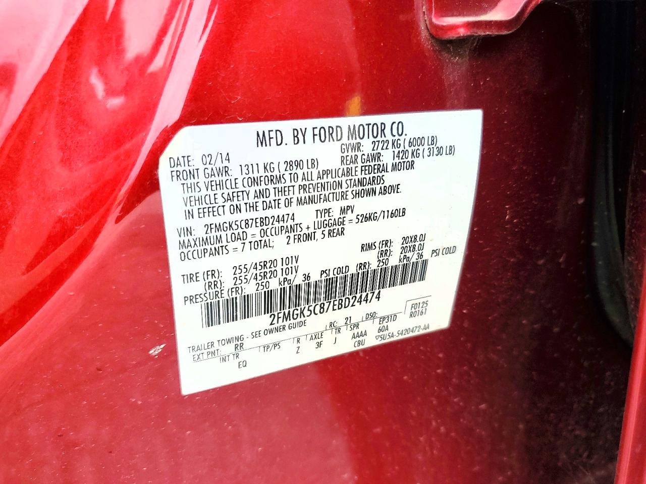 2014 Ford Flex Sel Red vin: 2FMGK5C87EBD24474
