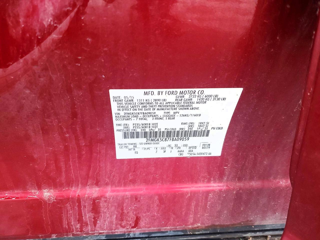 2015 Ford Flex Sel Maroon vin: 2FMGK5C87FBA09059