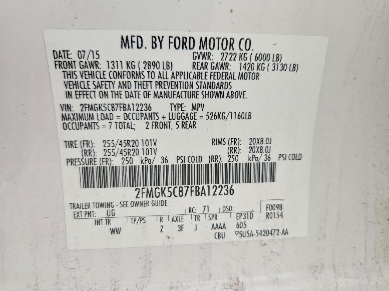 2015 Ford Flex Sel White vin: 2FMGK5C87FBA12236