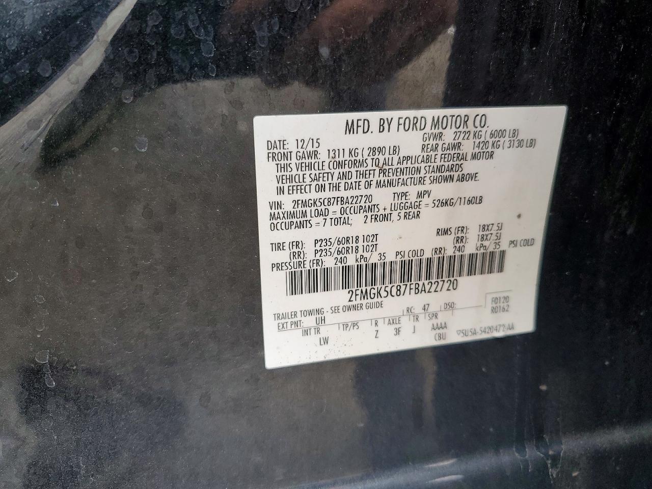 2015 Ford Flex Sel Black vin: 2FMGK5C87FBA22720
