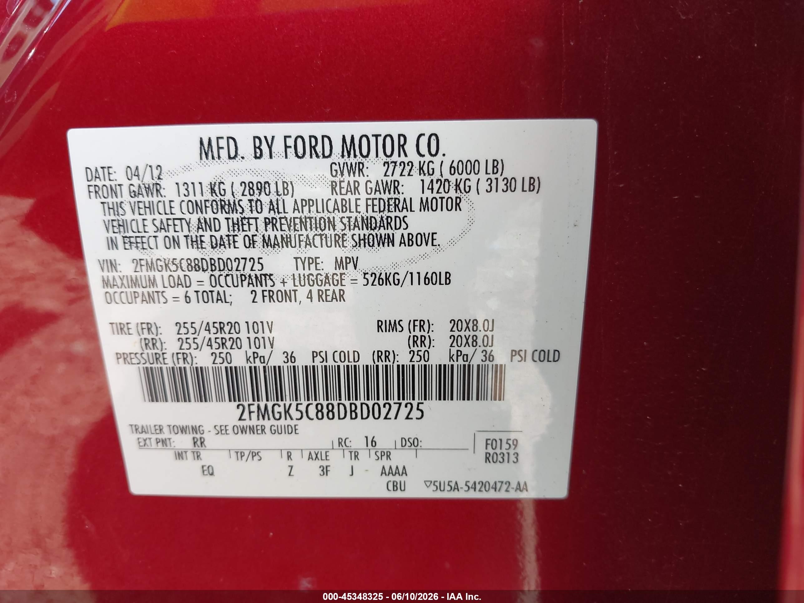 2013 Ford Flex Sel Red vin: 2FMGK5C88DBD02725