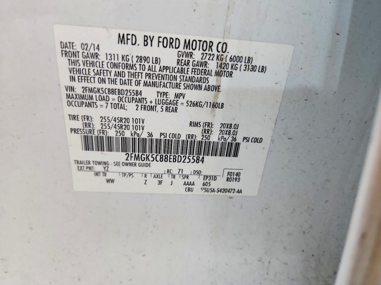 2014 Ford Flex Sel White vin: 2FMGK5C88EBD25584