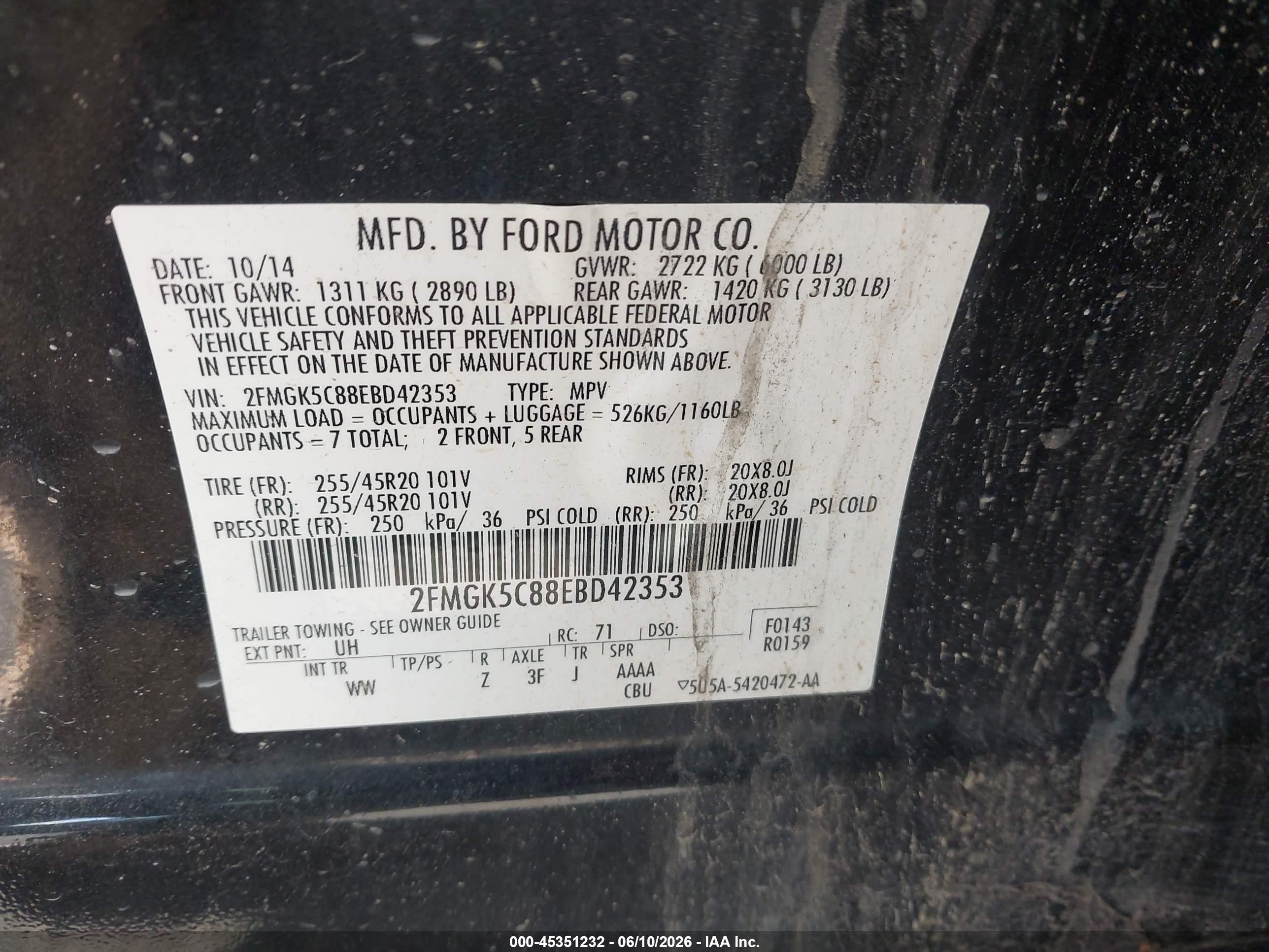2014 Ford Flex Sel Black vin: 2FMGK5C88EBD42353