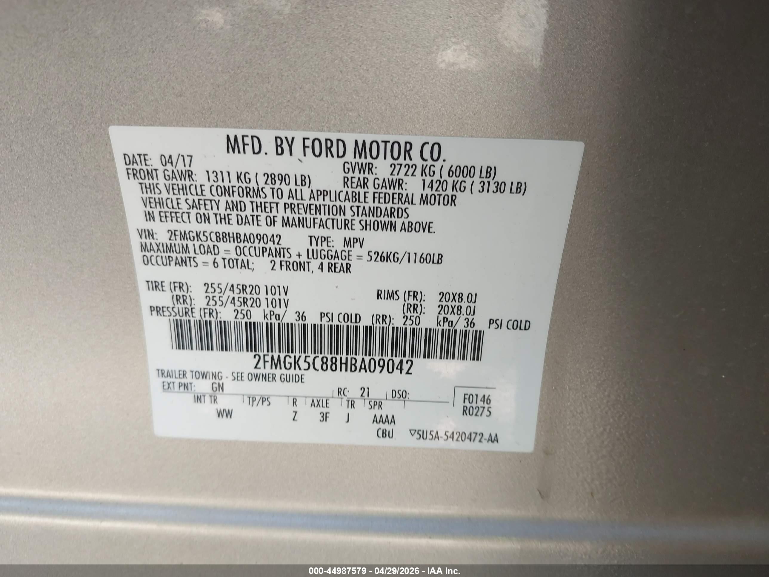 2017 Ford Flex Sel Gold vin: 2FMGK5C88HBA09042