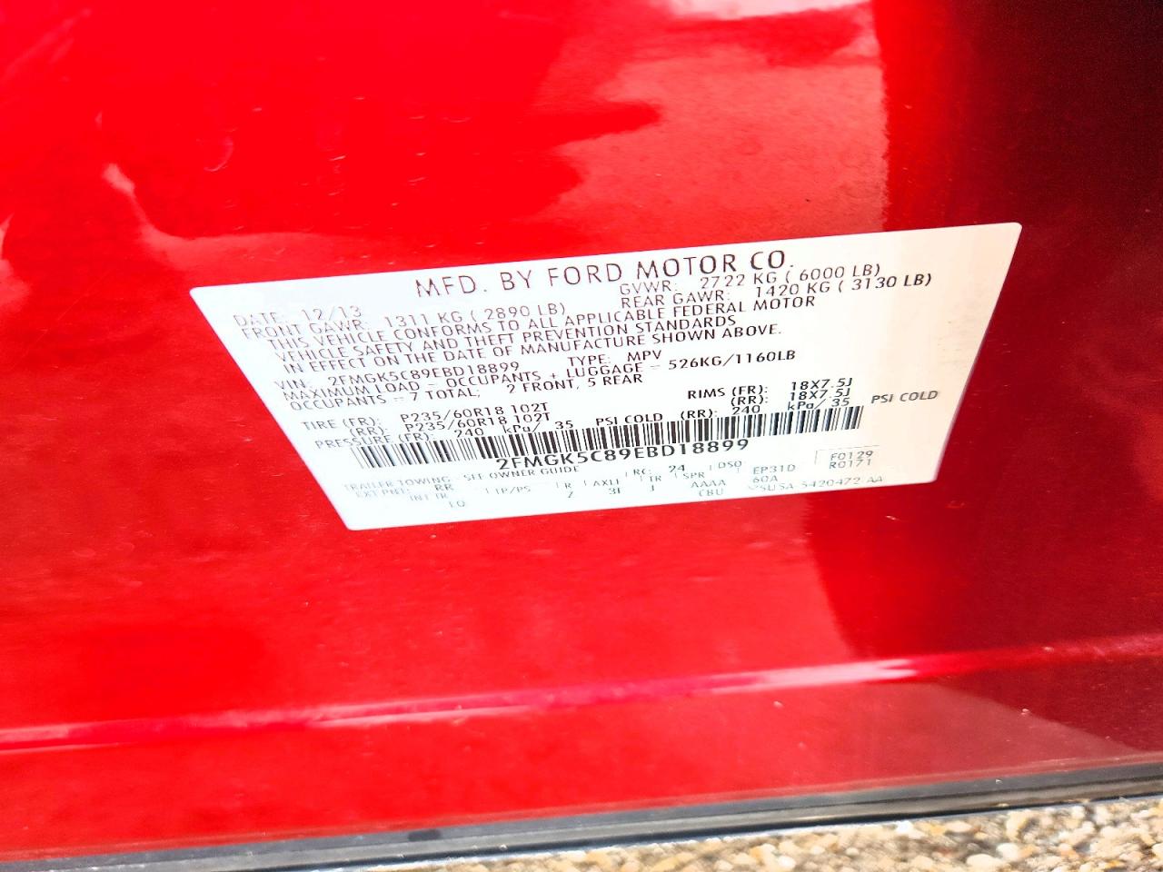 2014 Ford Flex Sel Red vin: 2FMGK5C89EBD18899