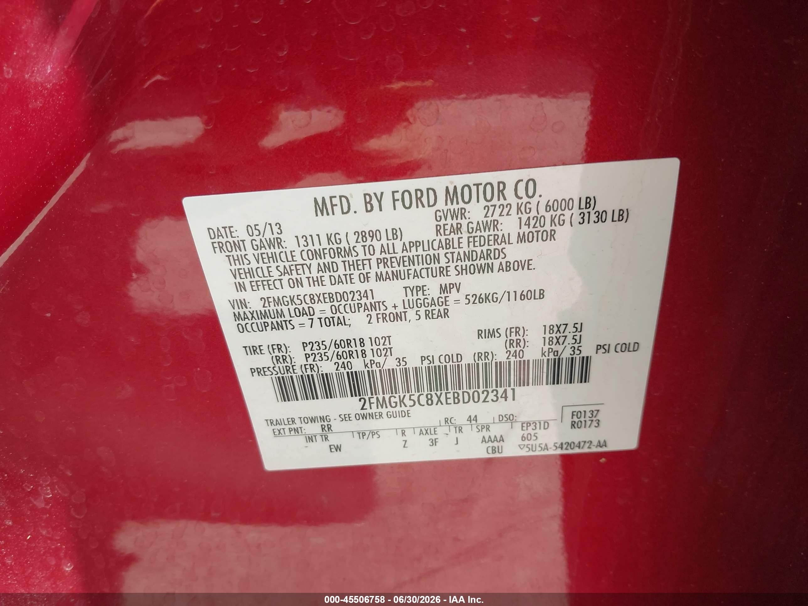 2014 Ford Flex Sel Red vin: 2FMGK5C8XEBD02341