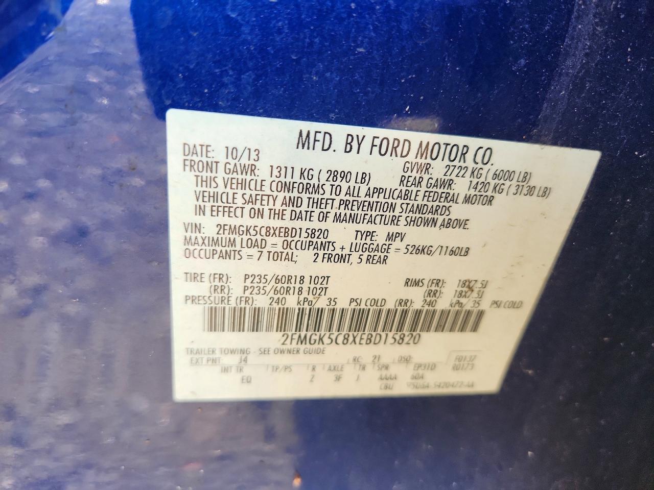 2014 Ford Flex Sel Blue vin: 2FMGK5C8XEBD15820
