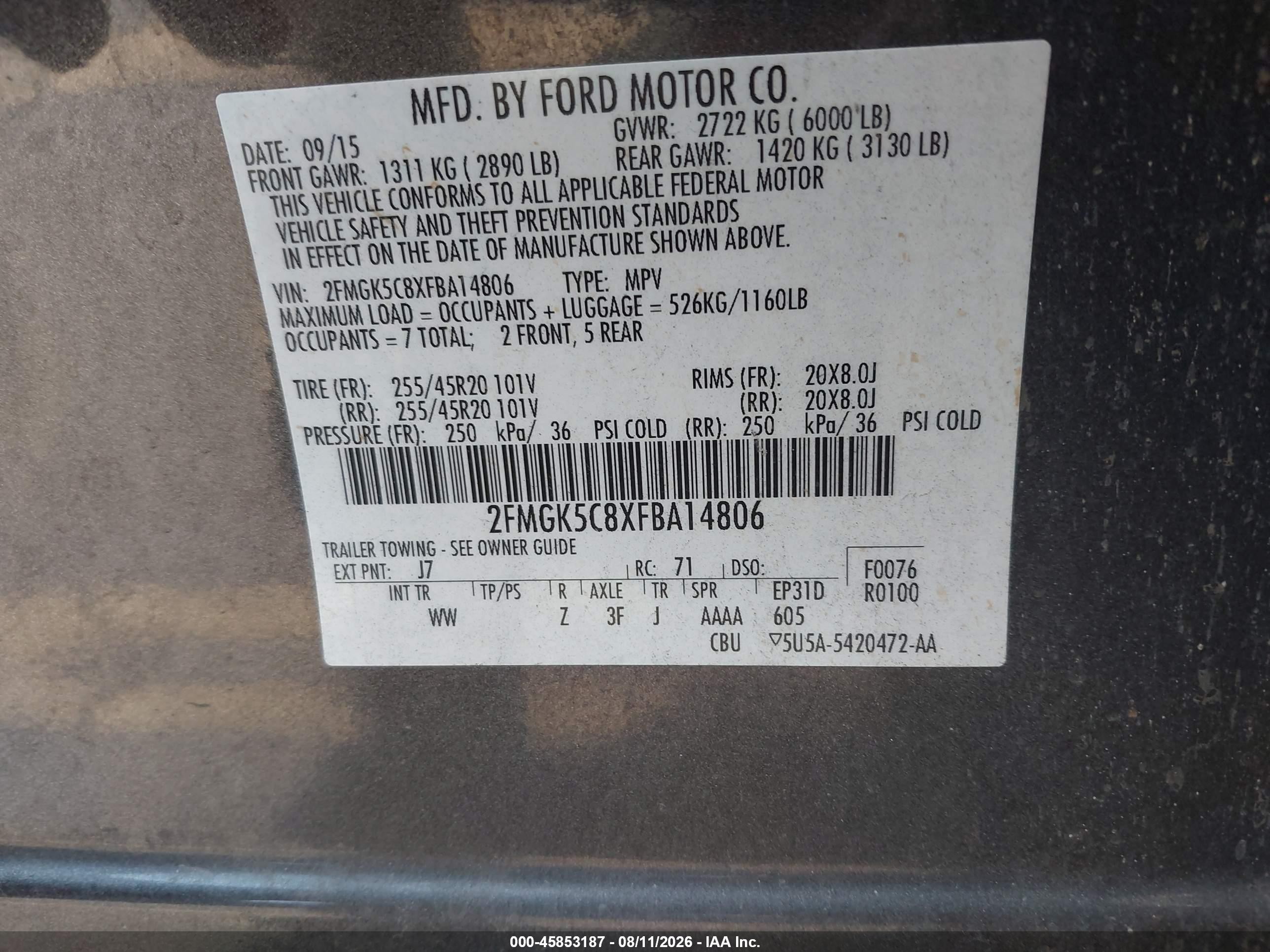 2015 Ford Flex Sel Gray vin: 2FMGK5C8XFBA14806
