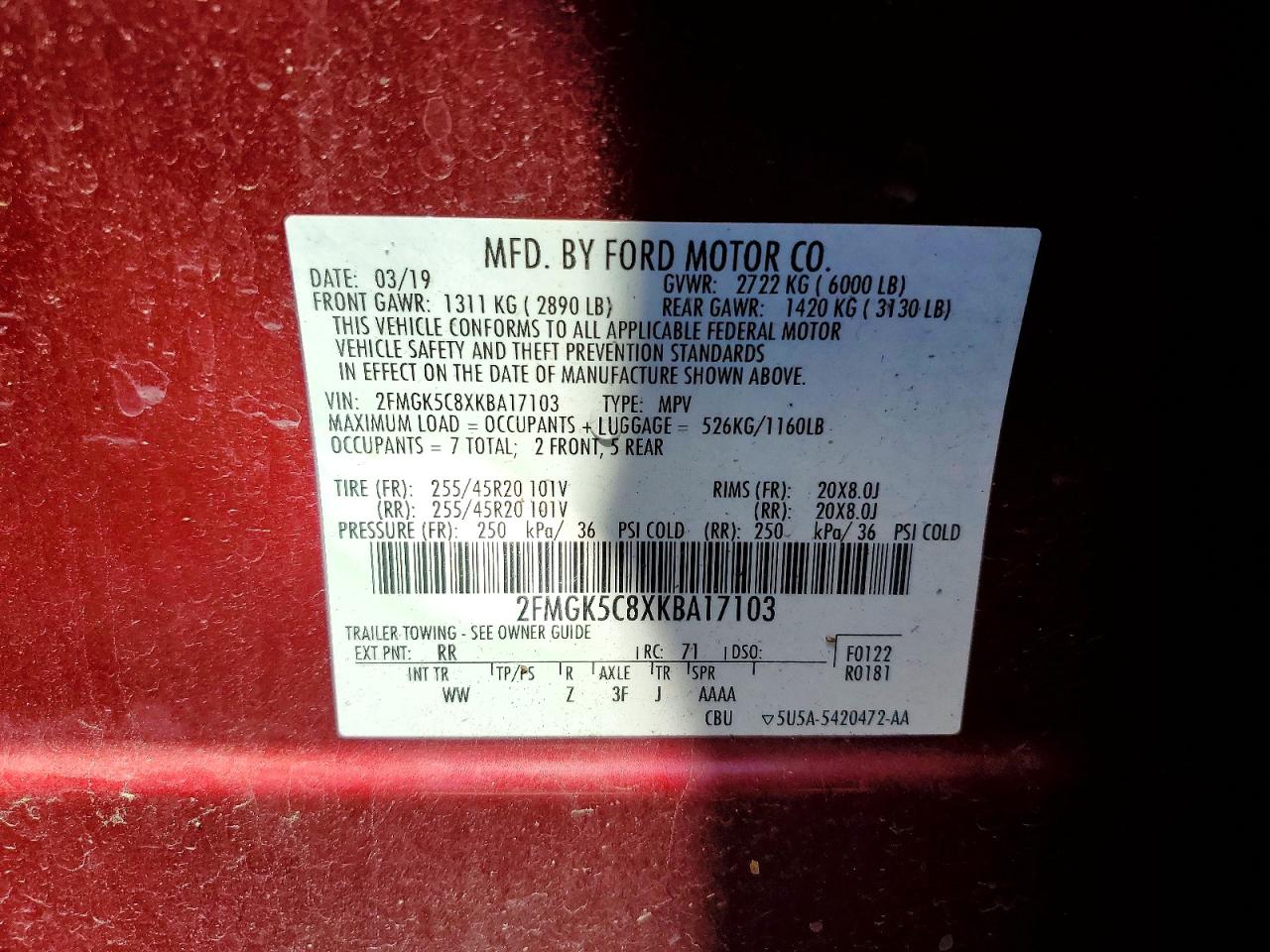 2019 Ford Flex Sel Red vin: 2FMGK5C8XKBA17103