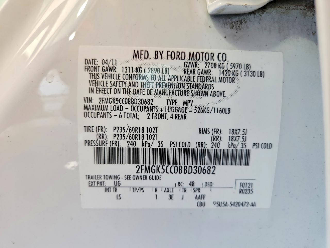 2011 Ford Flex Sel White vin: 2FMGK5CC0BBD30682
