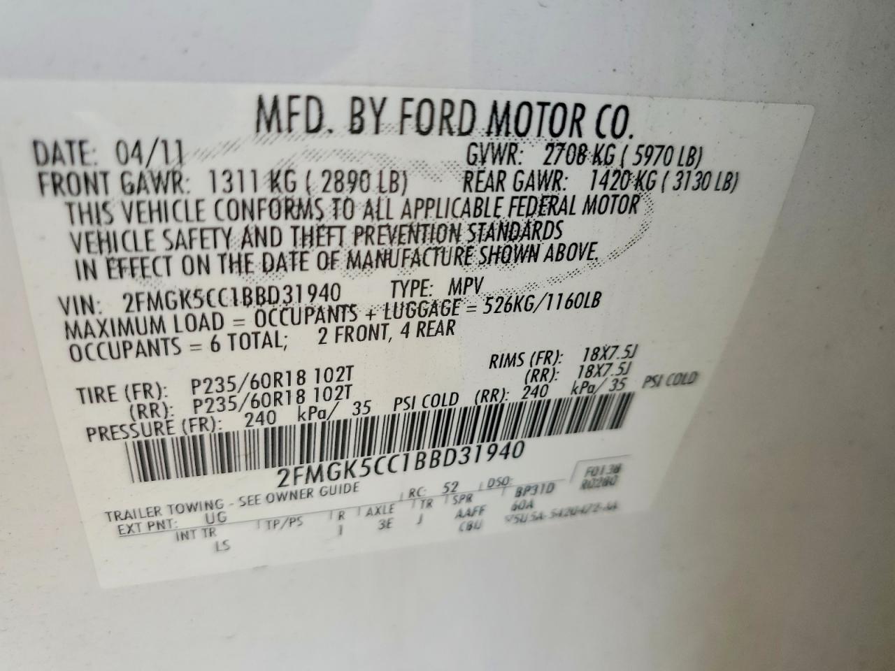 2011 Ford Flex Sel White vin: 2FMGK5CC1BBD31940