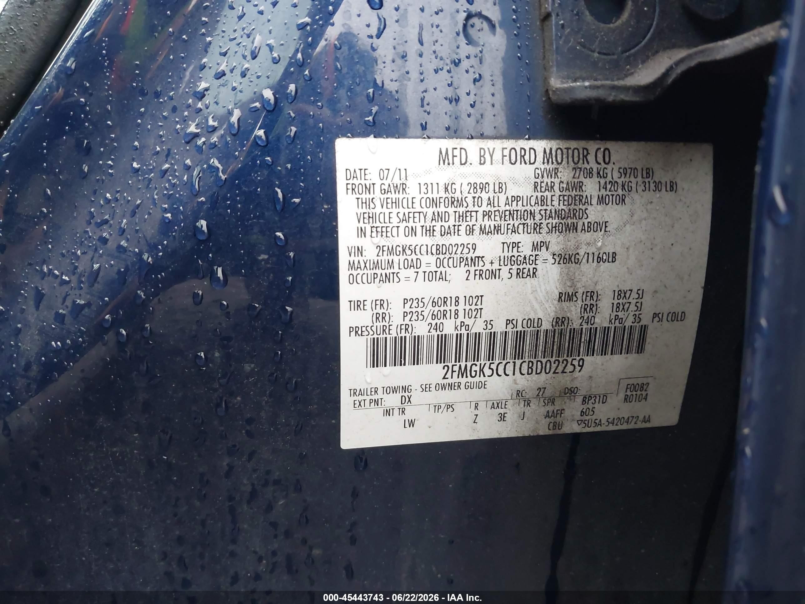 2012 Ford Flex Sel Blue vin: 2FMGK5CC1CBD02259