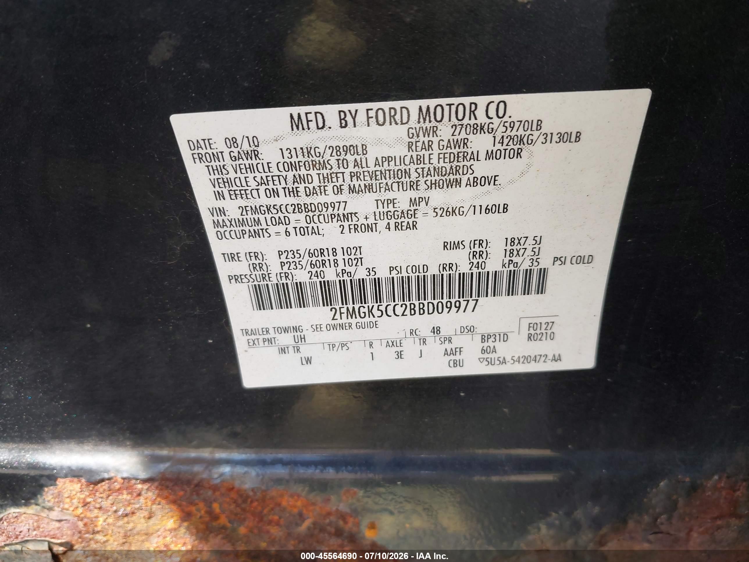 2011 Ford Flex Sel Black vin: 2FMGK5CC2BBD09977