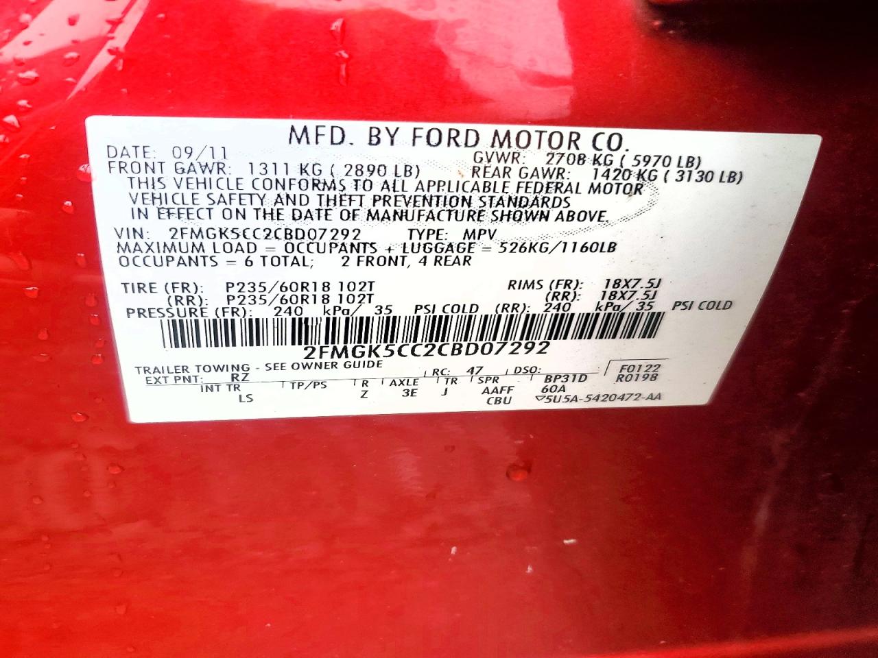 2012 Ford Flex Sel Red vin: 2FMGK5CC2CBD07292