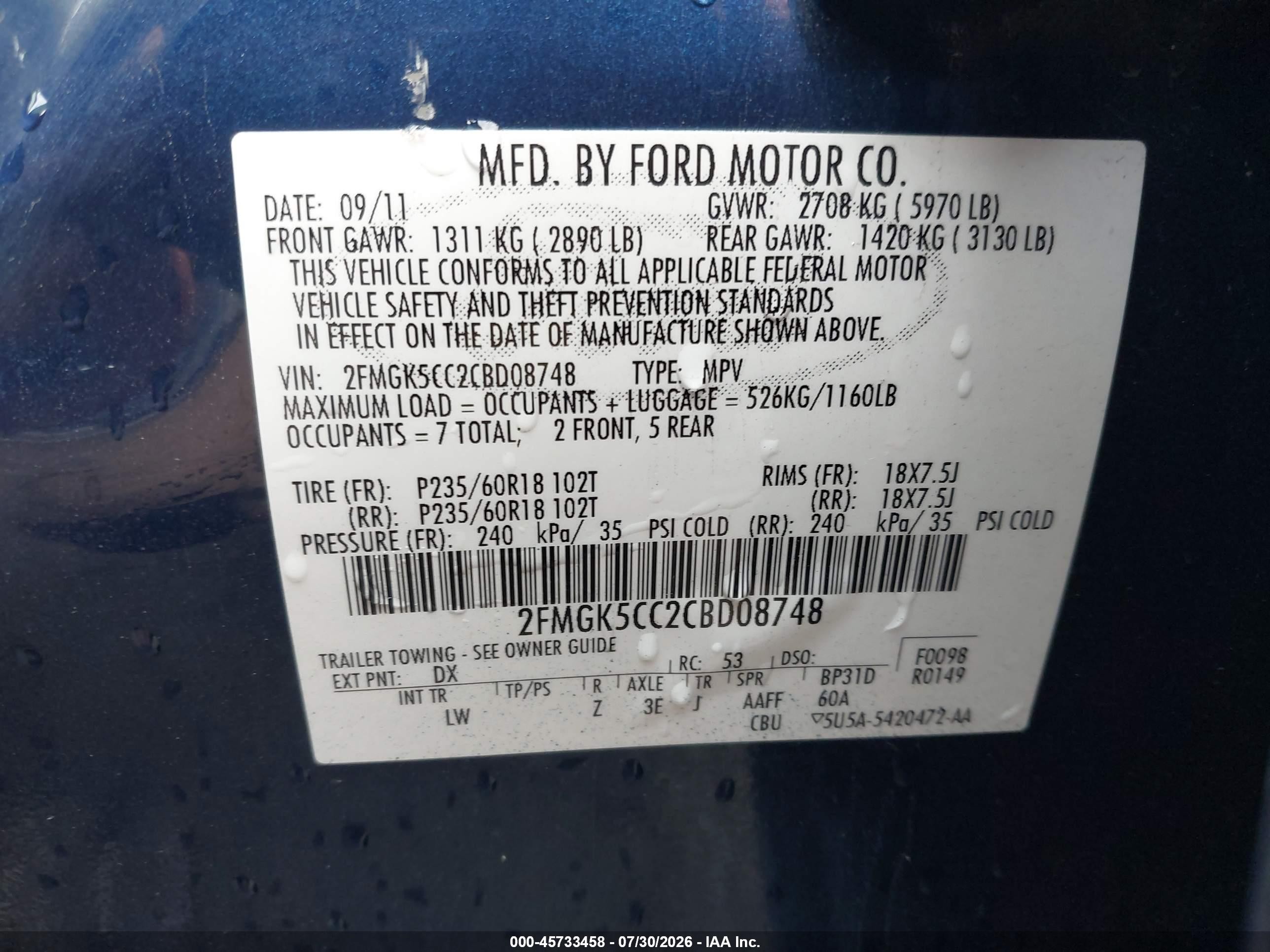 2012 Ford Flex Sel Blue vin: 2FMGK5CC2CBD08748