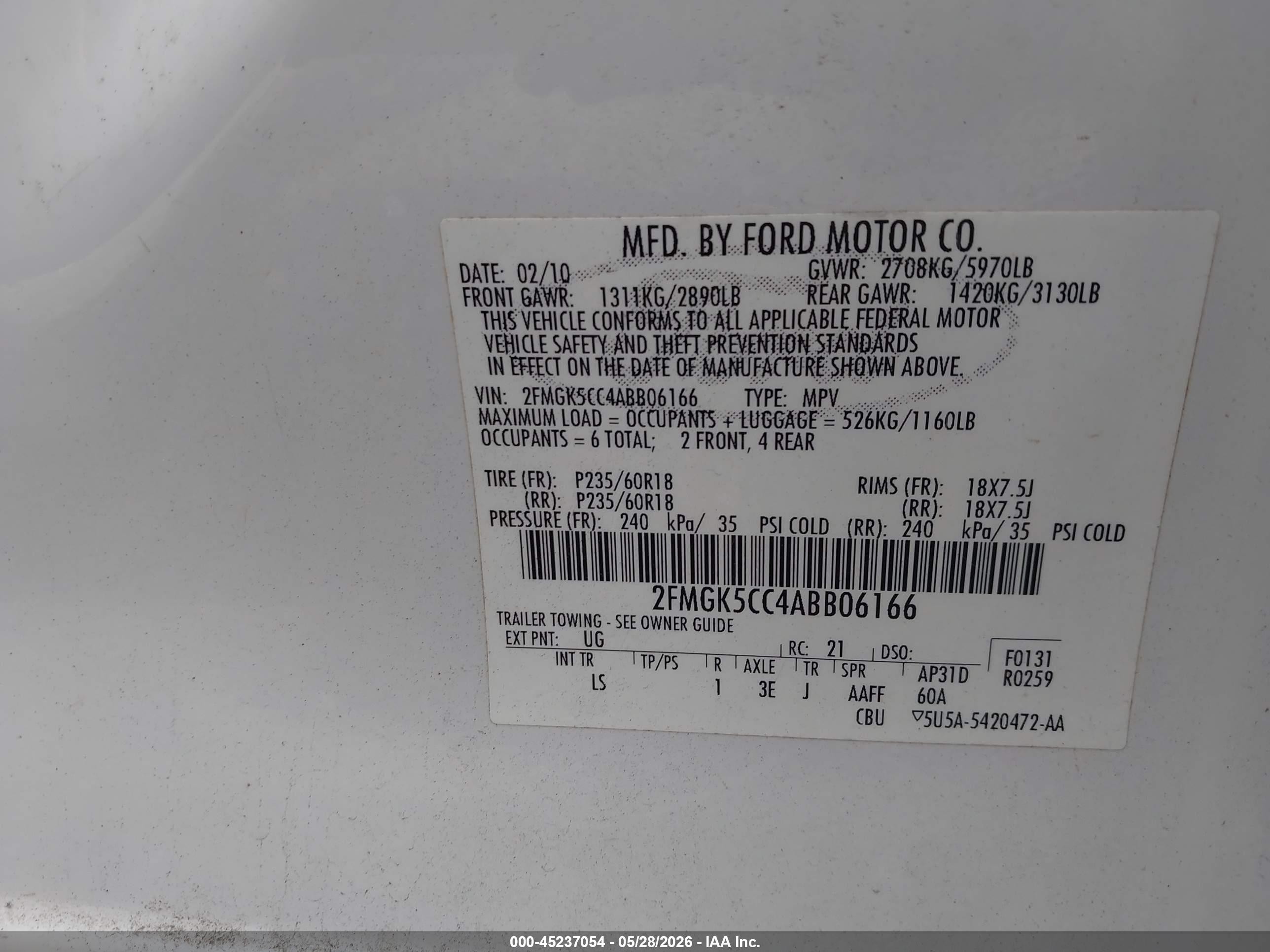 2010 Ford Flex Sel White vin: 2FMGK5CC4ABB06166