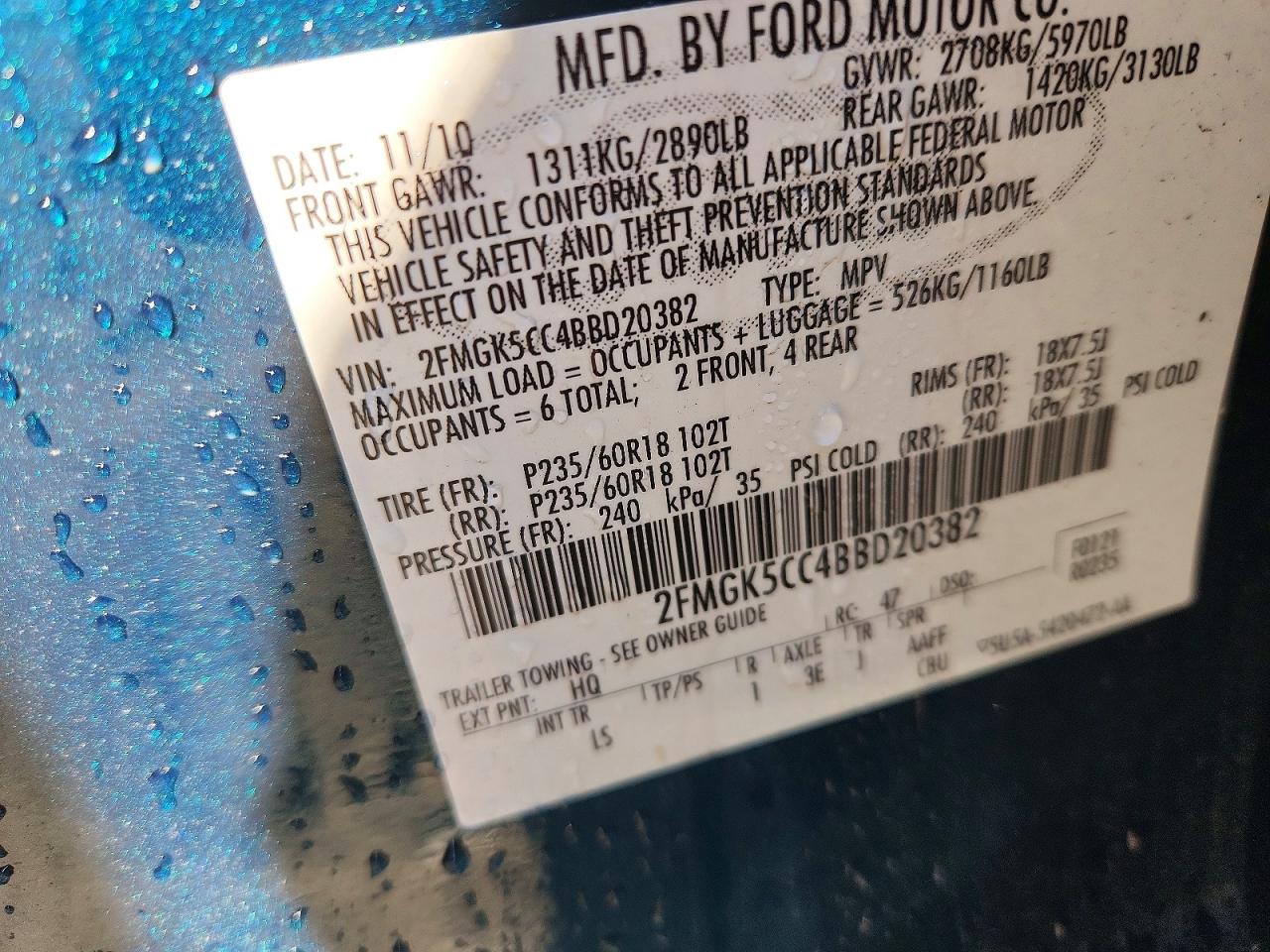 2011 Ford Flex Sel Blue vin: 2FMGK5CC4BBD20382