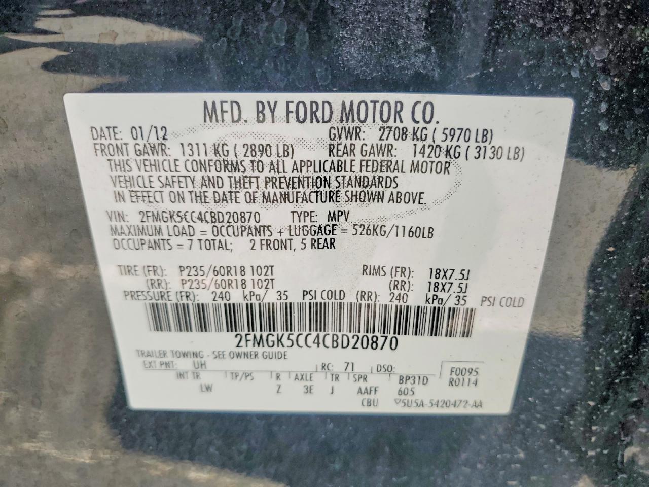 2012 Ford Flex Sel Black vin: 2FMGK5CC4CBD20870