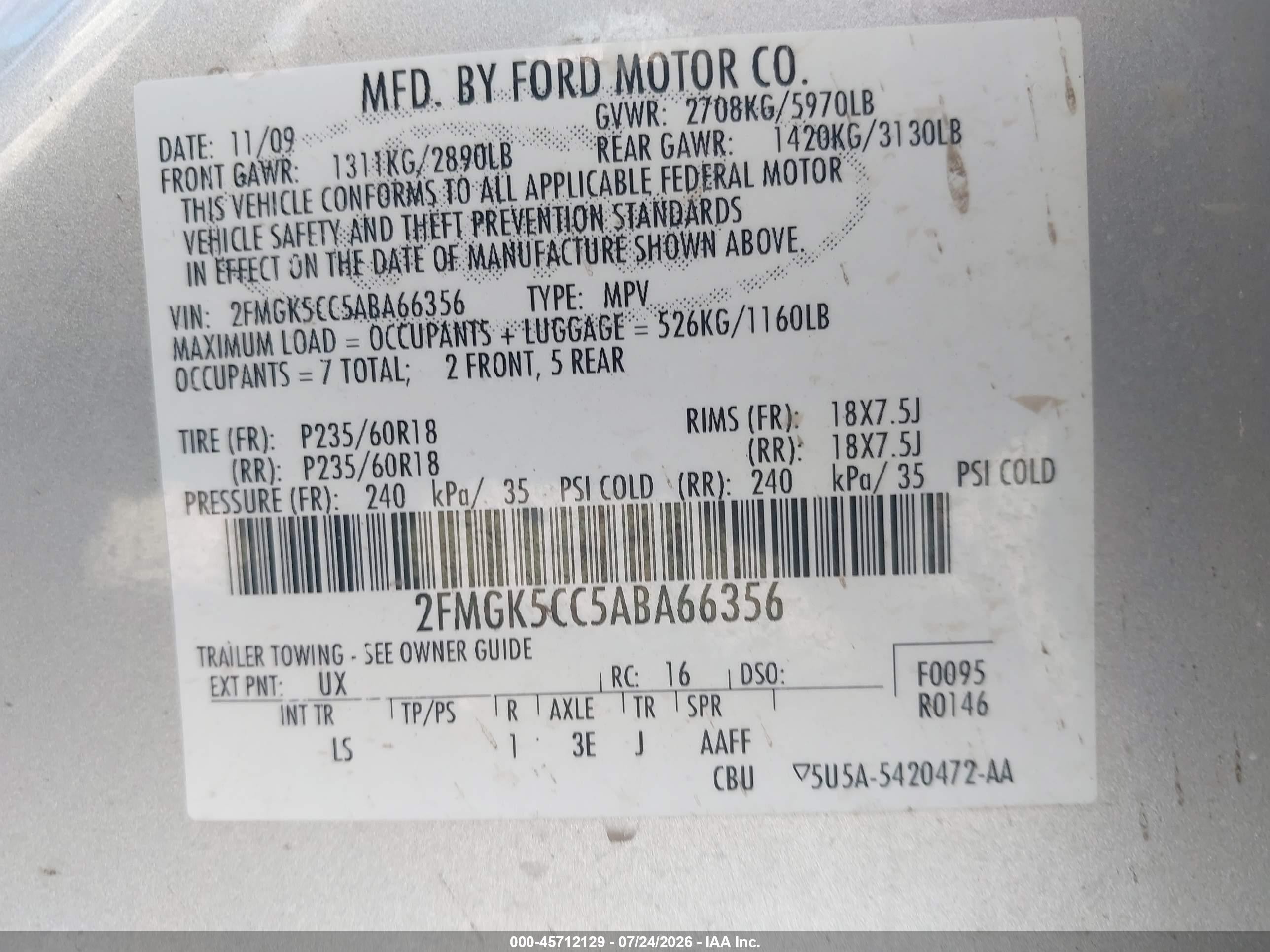 2010 Ford Flex Sel Tan vin: 2FMGK5CC5ABA66356