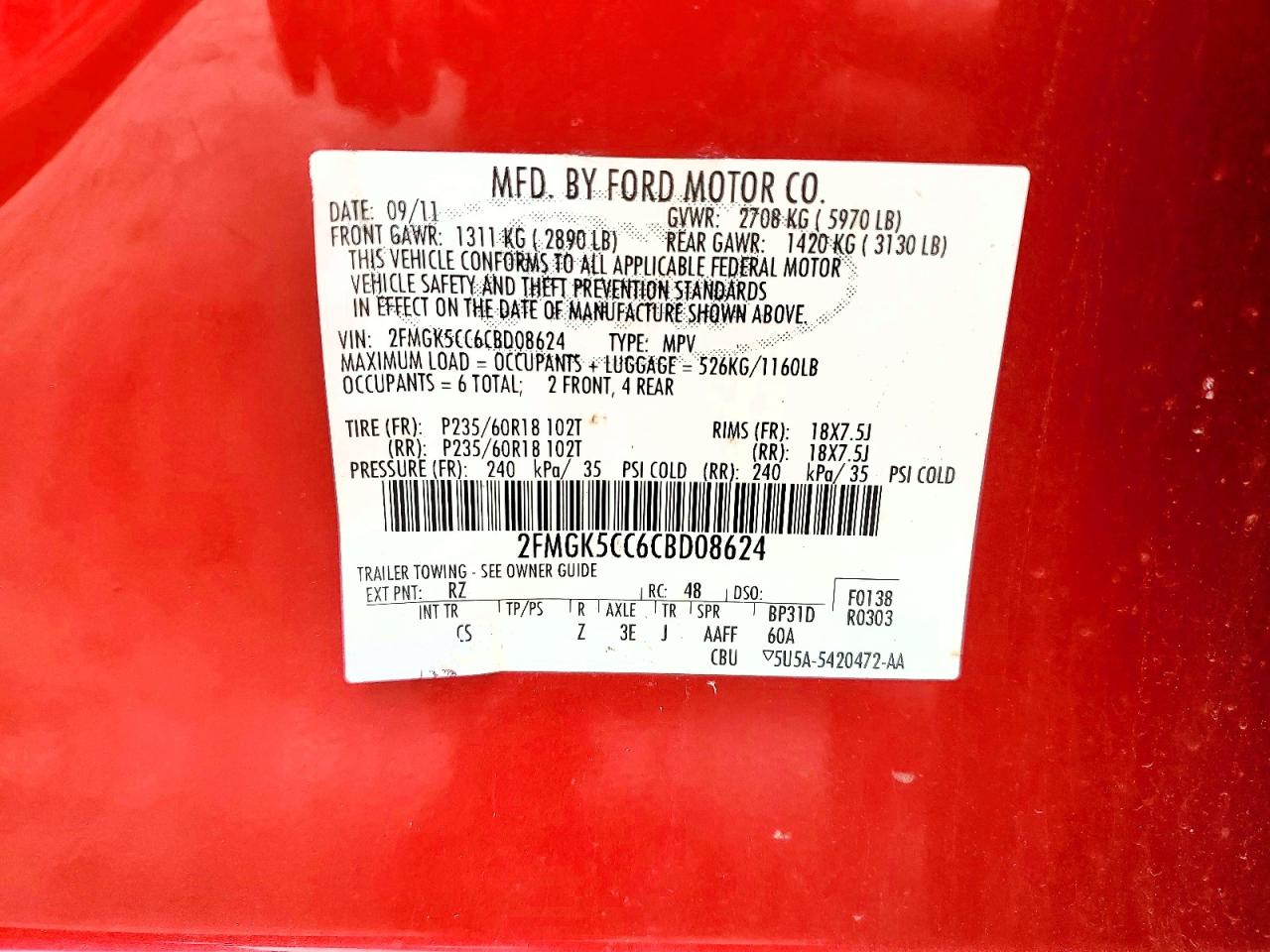 2012 Ford Flex Sel Red vin: 2FMGK5CC6CBD08624