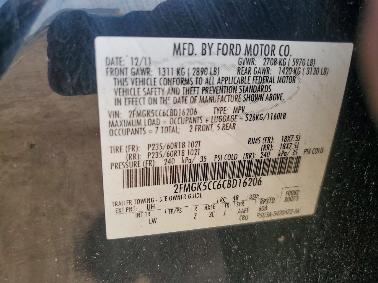 2012 Ford Flex Sel Black vin: 2FMGK5CC6CBD16206