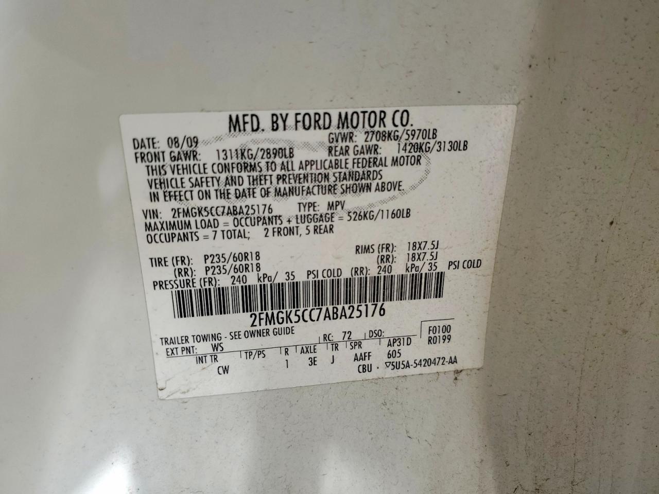 2010 Ford Flex Sel White vin: 2FMGK5CC7ABA25176